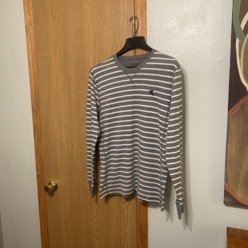 Express XL Gray & White w/Stripes Long Sleeve Waffle-Knit Crewneck Sweater - EUC